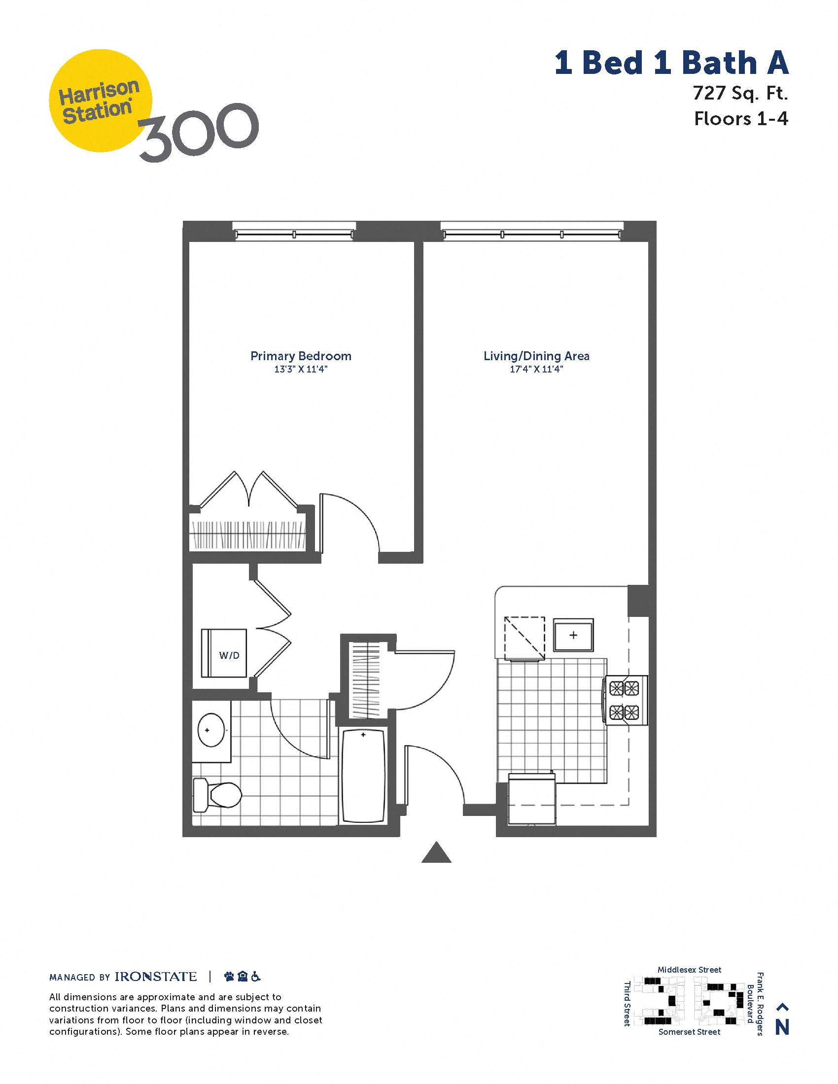 Floor plan for 1 bed, 1 bath, 727 sqft